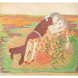 Peinture de Rocco Menzella, "The Kiss", 1984, techniques mixtes sur papier, signée 