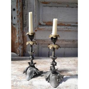 Pair Of Art Nouveau Candlesticks, Spelter And Bronze, 1900