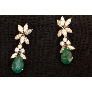A Pair Of Emerald And Diamond Earrings