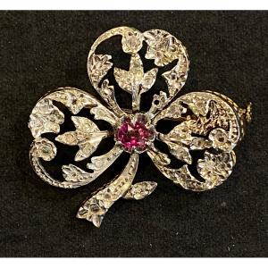 Ruby And Diamond Rose Clover Brooch