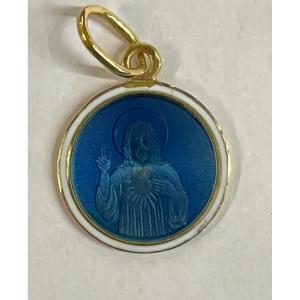 Christ Sacred Heart Medal In Blue And White Enamel