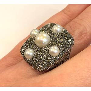 Silver Ring With Pearls And Marcasite