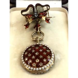 Pocket Watch With Fine Pearls On Both Sides With Its Watch Holder 