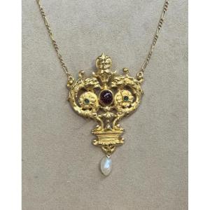 Garnet, Emerald And Pearl Necklace