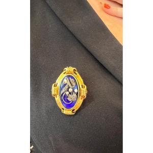 Enamel Brooch, Pearls And Diamond Roses
