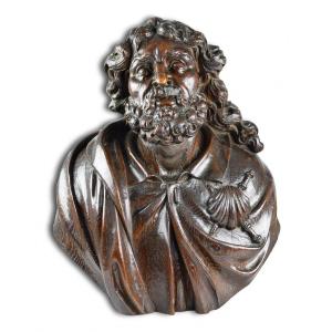 Imposing Oak Bust Of Saint James The Greater, Circle Of Hendrik Frans Verbruggen