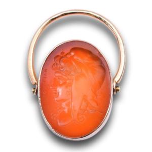 Carnelian Intaglio Ring With The Trojan Prince Paris. Italian, 19th Century.
