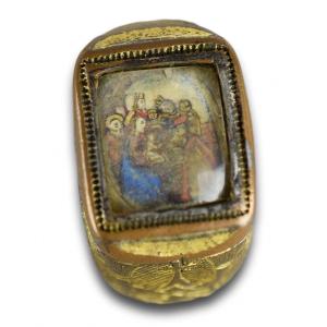 Gilt Bronze Papal Ring Set With An Illuminated Miniature. Italian, 15th Century.
