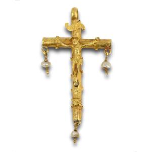 Gold & Enamel Crucifix Pendant With Baroque Pearls. Spanish, Late 16th Century.