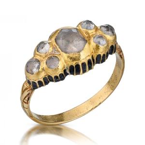 Gold & Enamel Ring With Faceted Pastes Or Rock Crystals. European, 17th Century