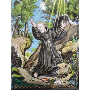 Large Limoges Enamel Of St Francis. Jean-baptiste I / II Nouailher, 18th Century