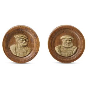 Pair Of Turned Pear Wood And Honestone Games Pieces. South German, 16th Century.