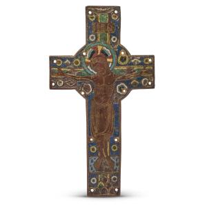 Engraved Champlevé Enamel Crucifix.    Limoges, France, Circa 1200.