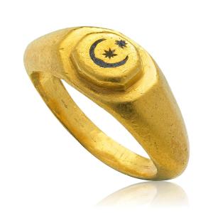Gold Ring With Silver Inlaid Crescent Moon And Stars. Roman, 3rd Century A.d.