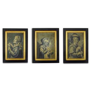 Three Grisaille Paintings Of Theatrical Figures. French, Early 18th Century.