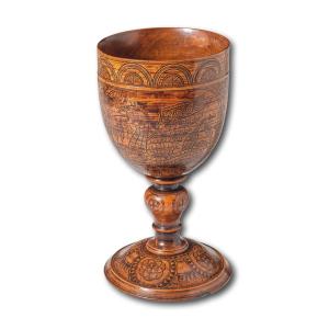 An Engraved Turned Wooden Cup. English, Dated 1636.