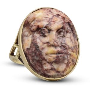 Comical Face Cameo Ring In Brescia Marble, 17th–18th Century; 19th Century Mount