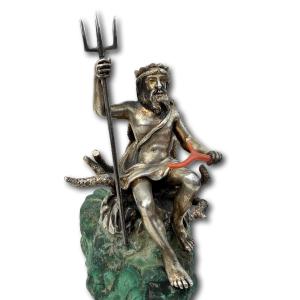 Silver Gilt Figure Of Neptune Upon A Malachite Boulder. Italian, 19th Century.