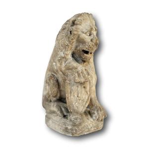 Marble Heraldic Lion With Fleur-de-lys Shield. France, 17th Century.