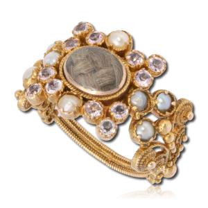 Gold Mourning Ring With Cannetille Work And Pink Topaz. England, Circa 1823.