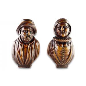 Bold Pair Of Boxwood Busts Of A Husband And Wife. Flemish, Mid 18th Century.