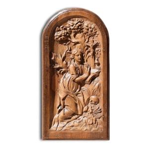 Oak Tabernacle Door Carved With Mary Magdalene. French, Early 17th Century.