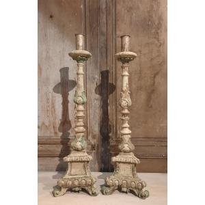 Pair Of Carved Lacquered Wooden Candlesticks, 18th Century 