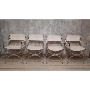 Pair Of Modernist Neoclassical Armchairs By Maison Jansen In Chromed Steel And White Leather