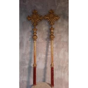 Pair Of Processional Crosses In Gilded Carved Wood