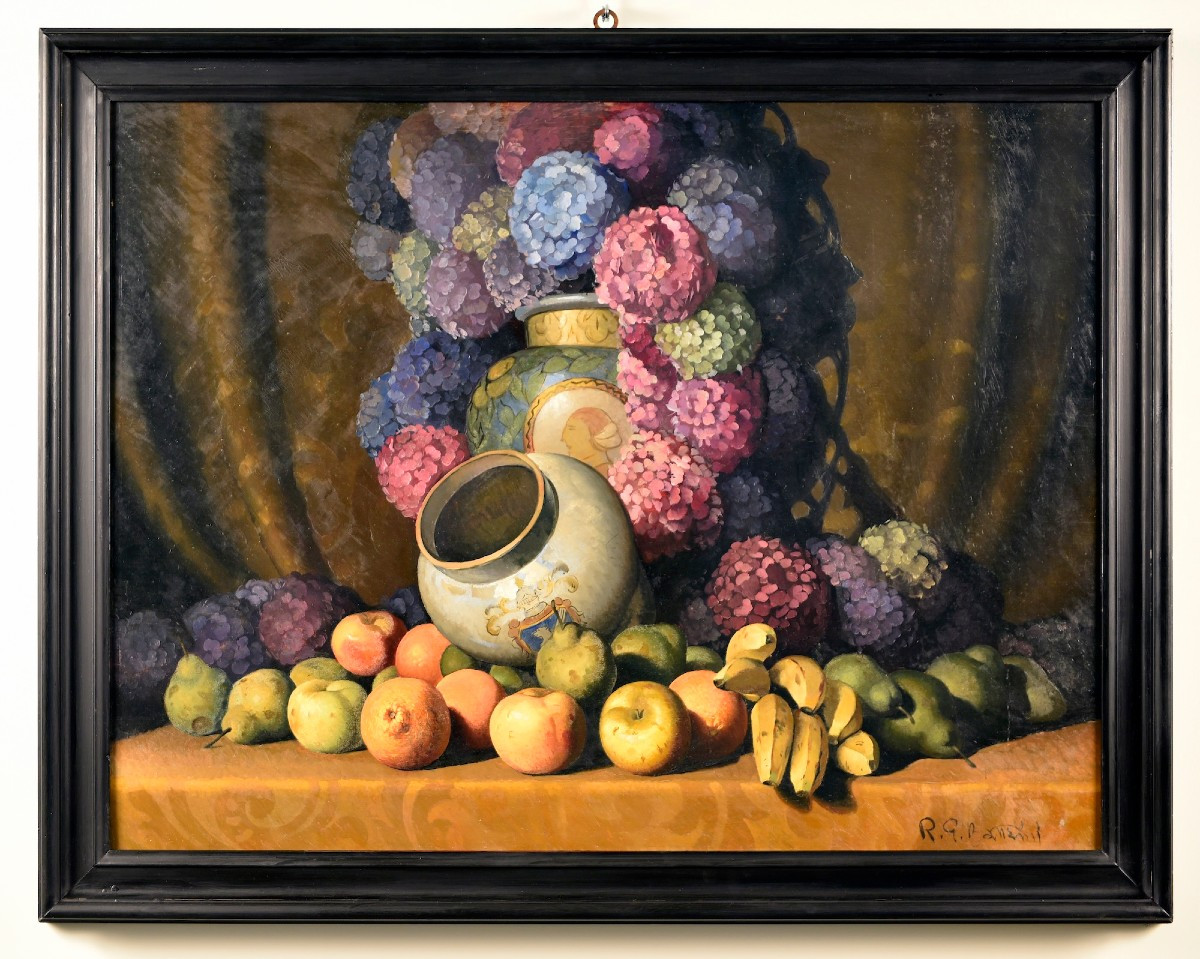 RINO GASPARE BATTAINI - Natura morta con vaso, ortensie e frutta