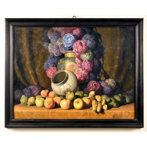 RINO GASPARE BATTAINI - Natura morta con vaso, ortensie e frutta