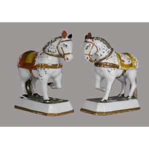 Delft Faience Pair Of Large Cold Decorated Horses Late 18th Or Early 19th Century