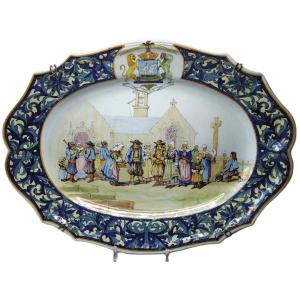 Quimper Earthenware Porquier Large (54cm) Platter With Dedication And Period Mark, 19th Century