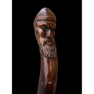 Wooden Cane With Two Faces In Folk Art - European - Late 19th Century