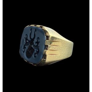 Large 14kt Gold And Stone Coat Of Arms Signet Ring - European - Late 19th Century