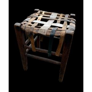 Folk Art Wooden And Leather Stool/seat - European - 19th Century