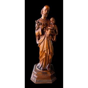 Wooden Figure Of Saint Joseph With Child, Fruitwood – Germany – Late 18th Century