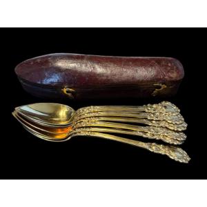 Six Silver-gilt Spoons In Their Original Cases - France - 19th Century