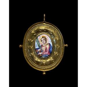 Devotional/religious Pendant/medallion In Gilt Copper And Enamel - Germany - 18th Century