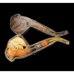 Meerschaum And Amber Pipe With Carved Head - European - Late 19th Century
