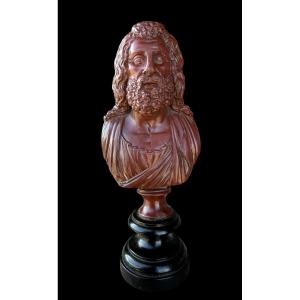 Bust Of The Greek God 'sarapis' In Carved Red Jasper - 18th Century