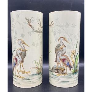 Pair Of Keller And Guerin Earthenware Scroll Vases, Luneville, 19th Century 