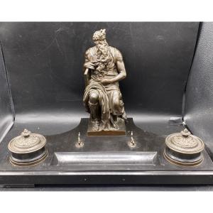 Bronze And Marble Inkwell, Napoleon III Period, Depicting Moses