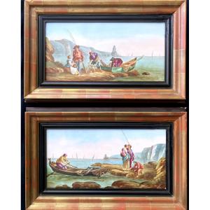Pair Of Paintings On Porcelain Signed Bigot, Marine