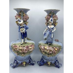 Pair Of Barbotine Vases, Figures