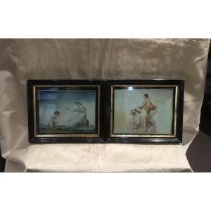 Pair Of Fixed Under Glass 18th Woman And Child