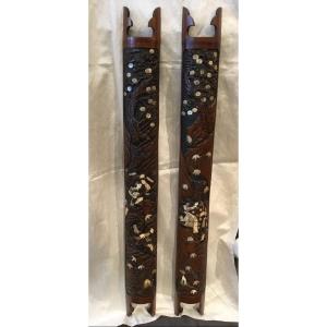 Japan 19th - 2 Bamboo Panels Mother Of Pearl And Ivory Inlay