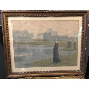 M. Duhem - Pastel Symbolist Women At The Edge Of A Pond