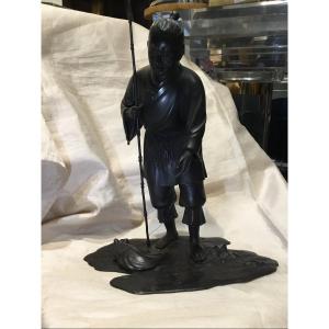 Japan 19th - Bronze Sculpture Fisherman With Turtle