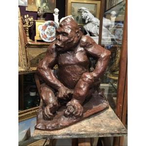 R. Godefroy - Large Gorilla Sculpture In Terracotta